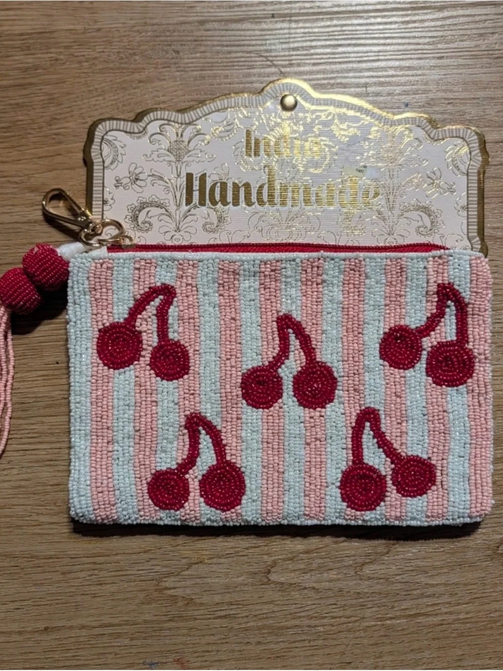 Handmade Pink & Light Blue Beaded Cherry Wristlet Pouch. NWOT